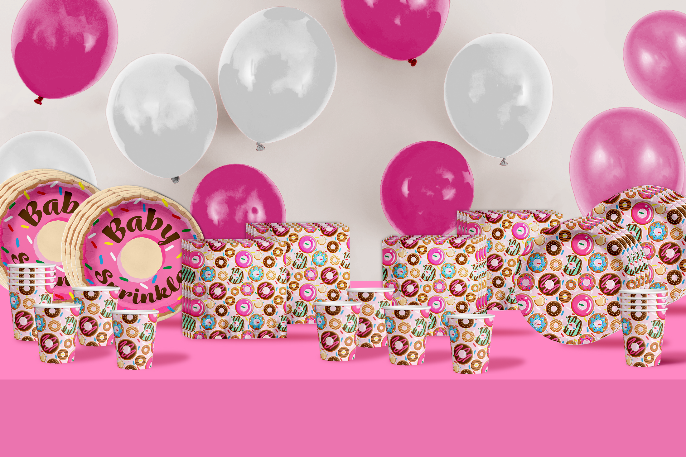 Donut Baby Sprinkles Baby Shower Party Supplies 64 Piece Tableware Set Includes Large 9" Paper Plates Dessert Plates, Cups and Napkins Kit for 16