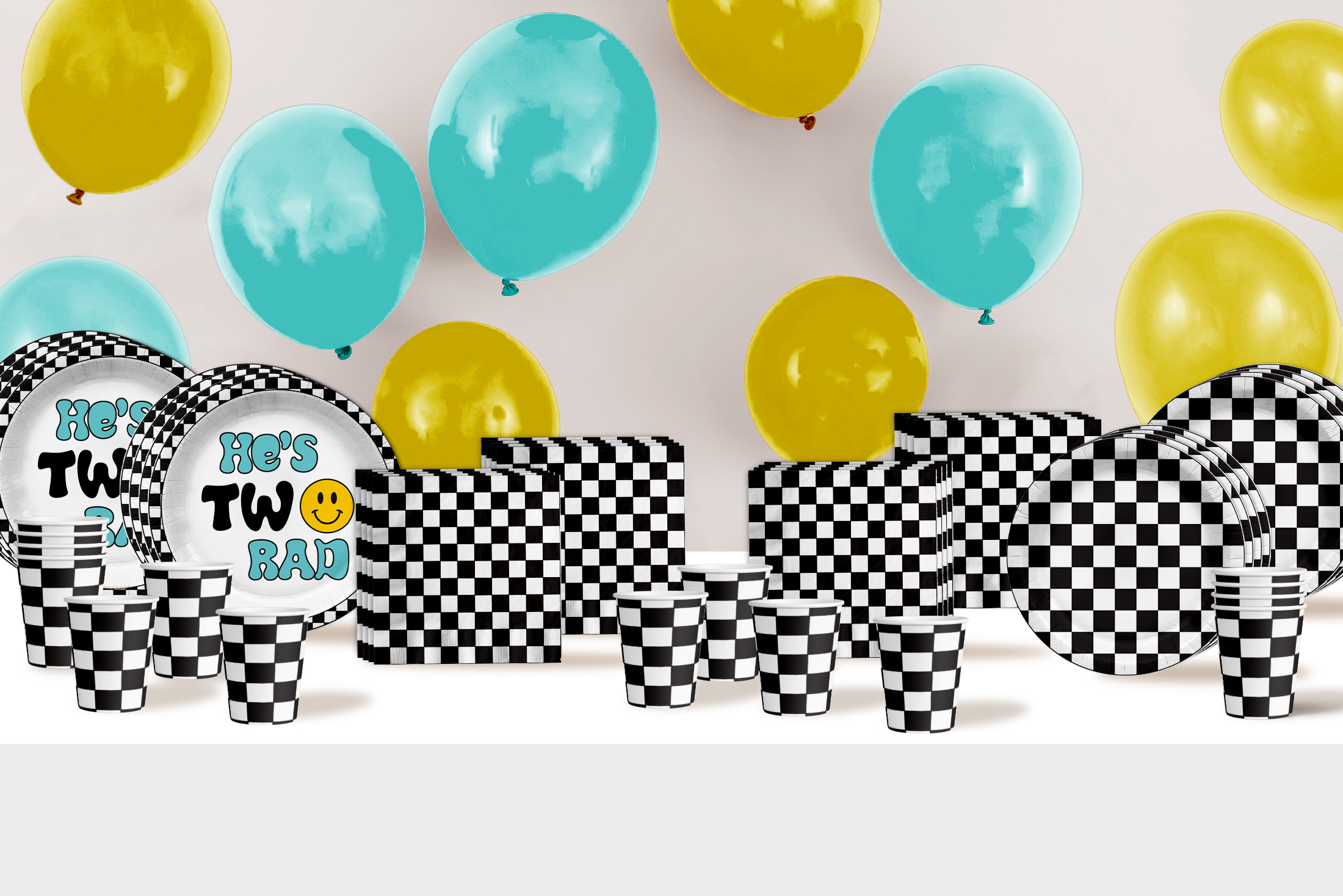 Two Rad Smiley Face 2nd Birthday Party Supplies 64 Piece Tableware Set Includes Large 9" Dinner Plate and Small Dessert Plates Cups and Napkins Tableware Kit for 16