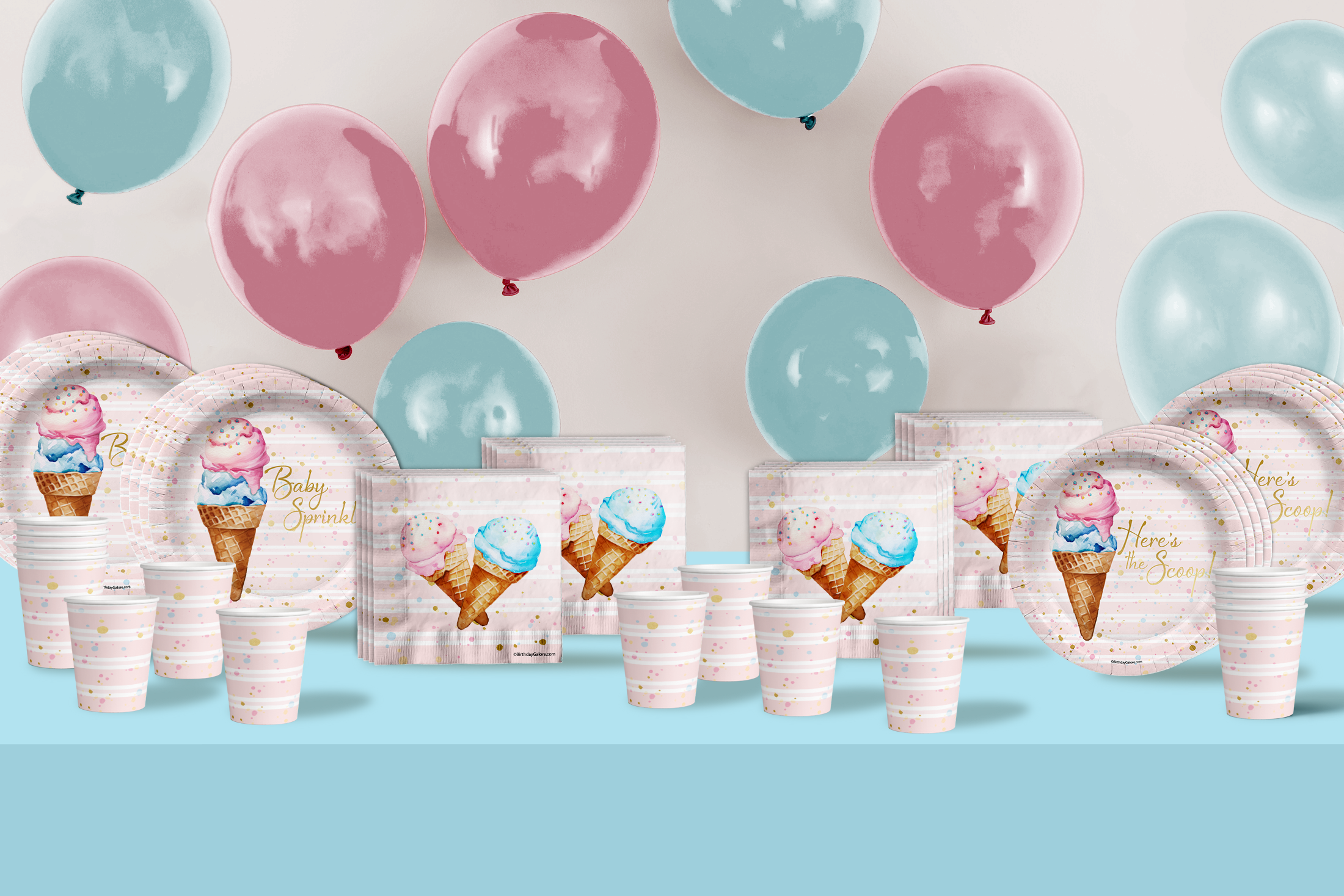 Birthday Galore Baby Sprinkles Scoops Ice Cream Party Supplies 64 Piece Tableware Set Includes Large 9" Paper Plates Dessert Plates, Cups and Napkins Kit for 16