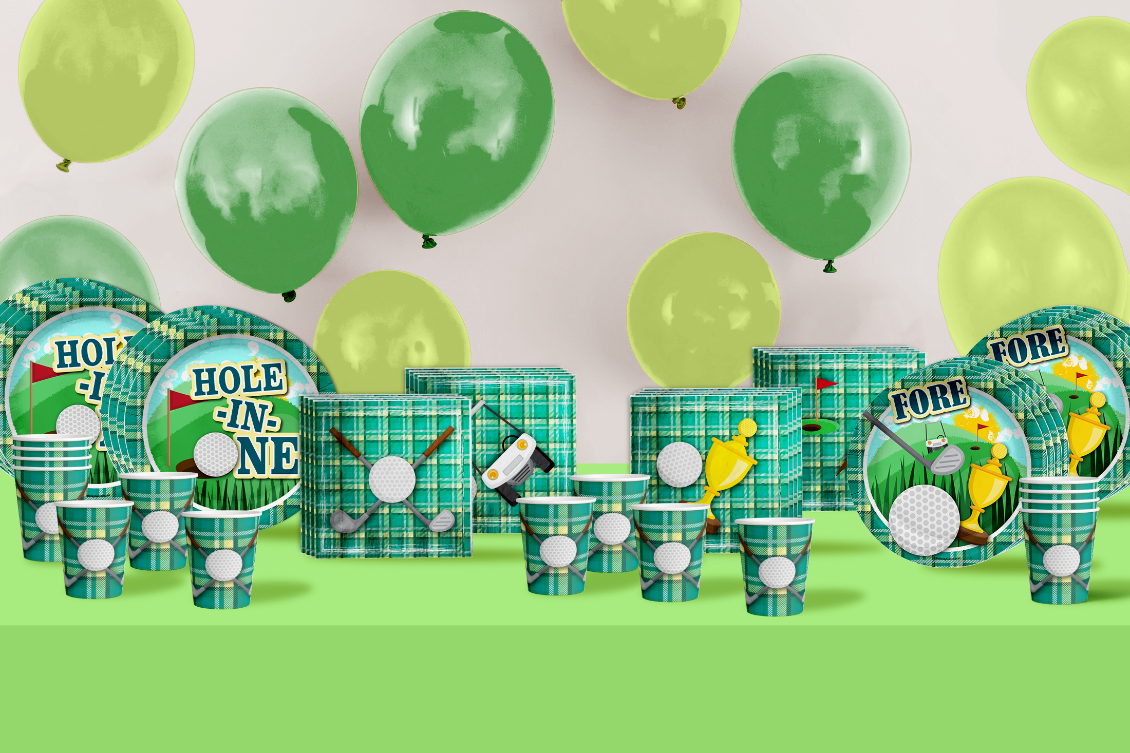 Hole in One Golf 1st Birthday Party Supplies 64 Piece Tableware Set Includes Large 9" Paper Plates Dessert Plates, Cups and Napkins Kit for 16