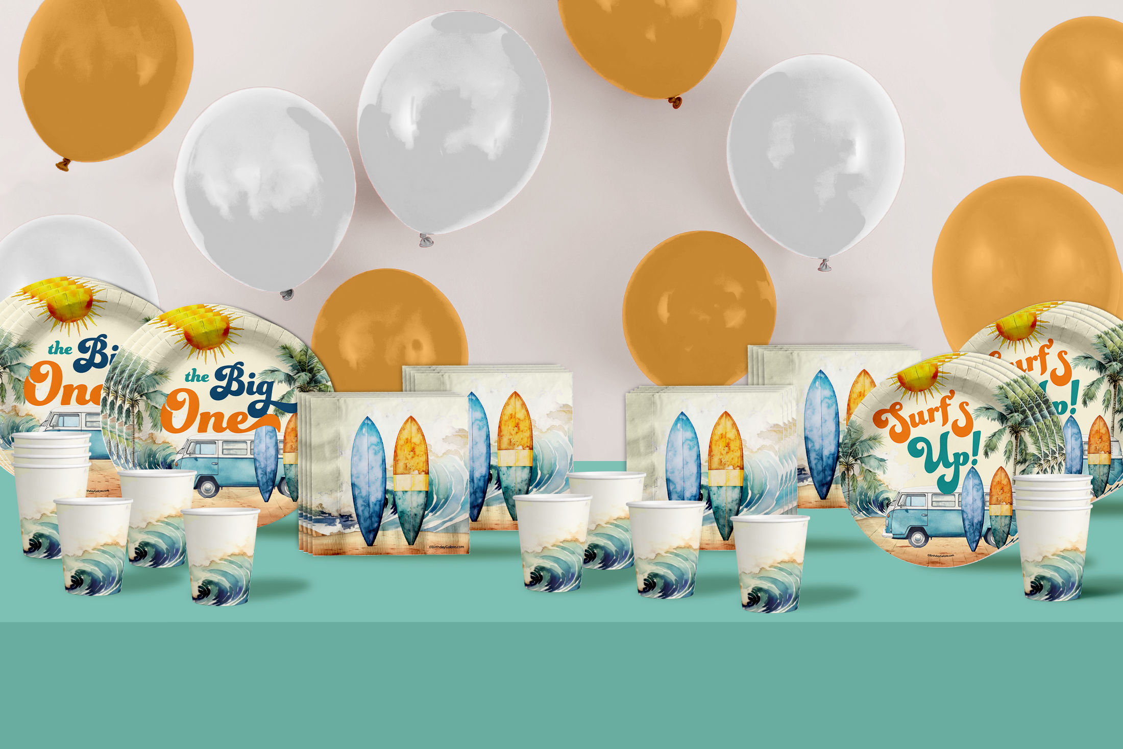 The Big One Surfing 1st Birthday Party Supplies 64 Piece Tableware Set Includes Large 9" Paper Plates Dessert Plates, Cups and Napkins Kit for 16