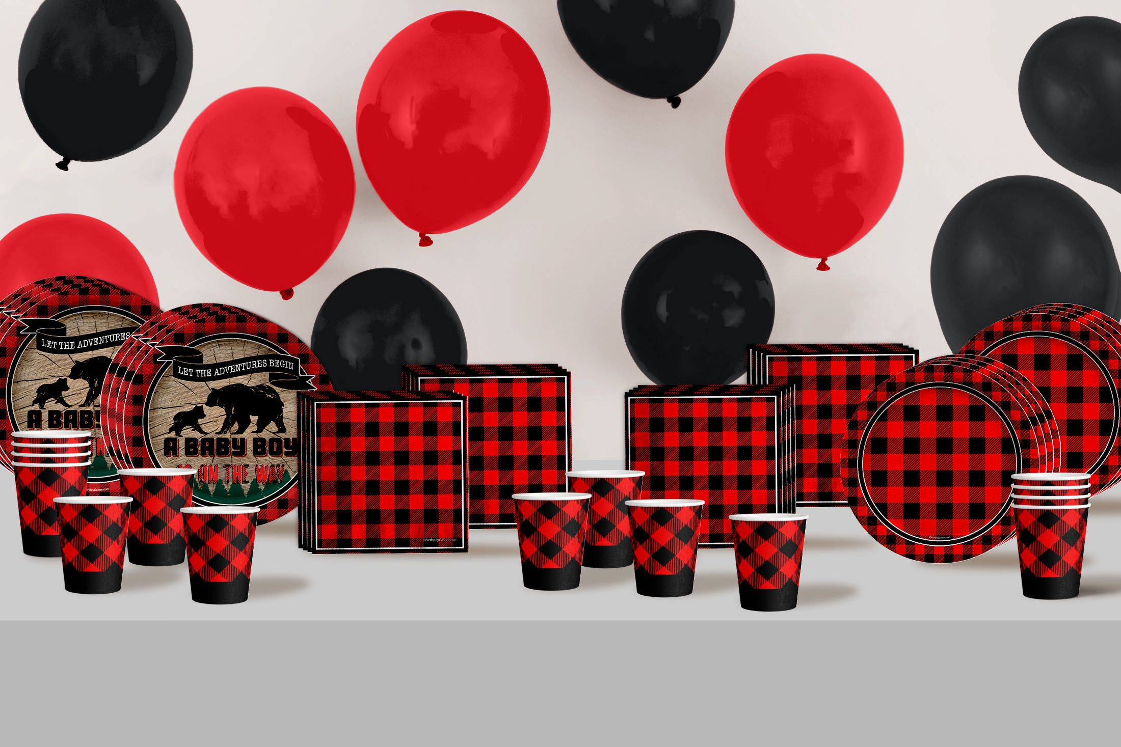 Adventures Awaits Baby Boy Baby Shower Buffalo Plaid Tableware Kit For 16 Guests 64 Piece