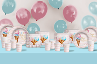 He or She Scoops Ice Cream Gender Reveal Party Supplies 64 Piece Tableware Set Includes Large 9" Paper Plates Dessert Plates, Cups and Napkins Kit for 16