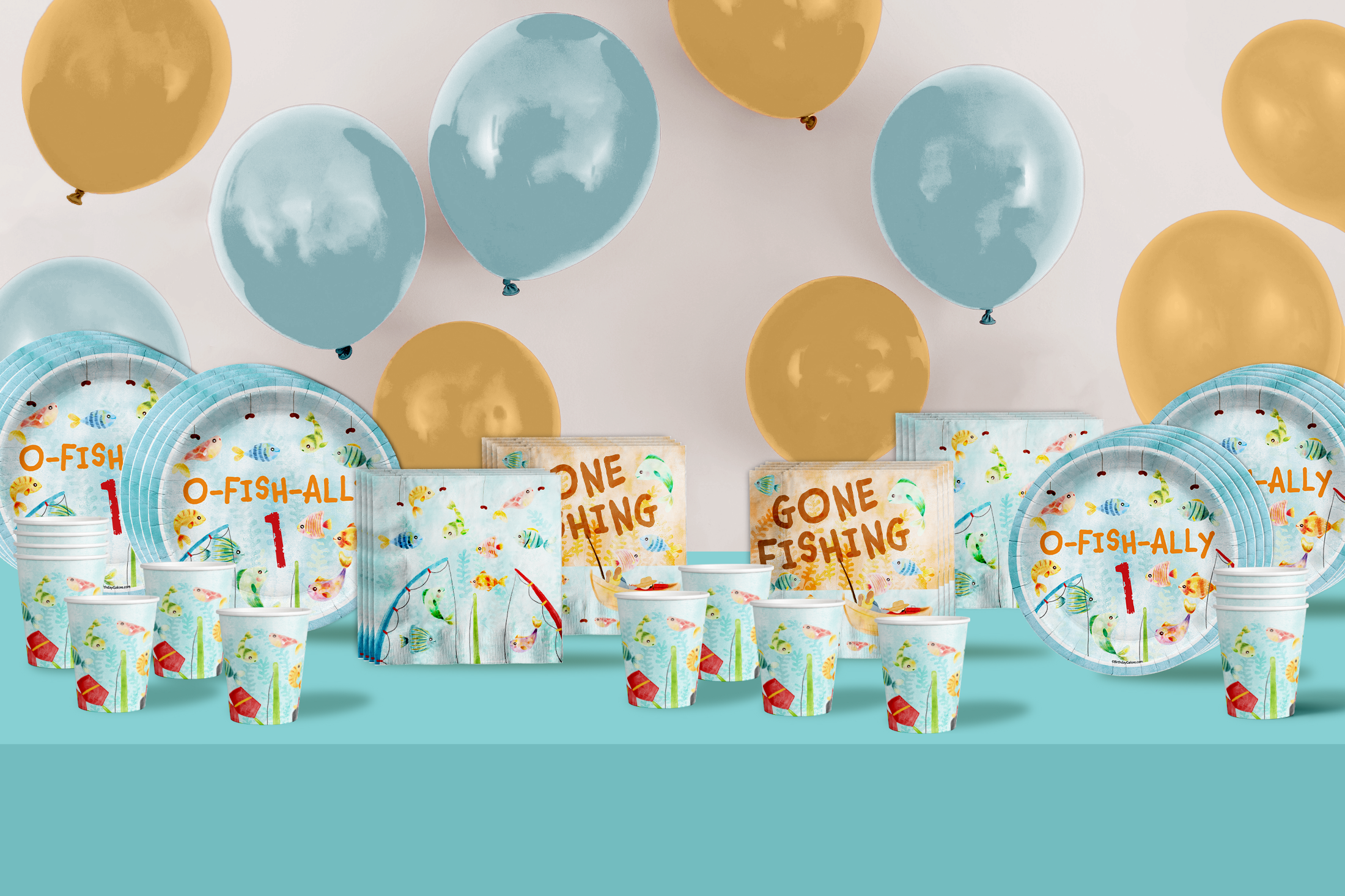 Ofishally 1 Fishing 1st Birthday Party Supplies 64 Piece Tableware Set Includes Large 9" Paper Plates Dessert Plates, Cups and Napkins Kit for 16