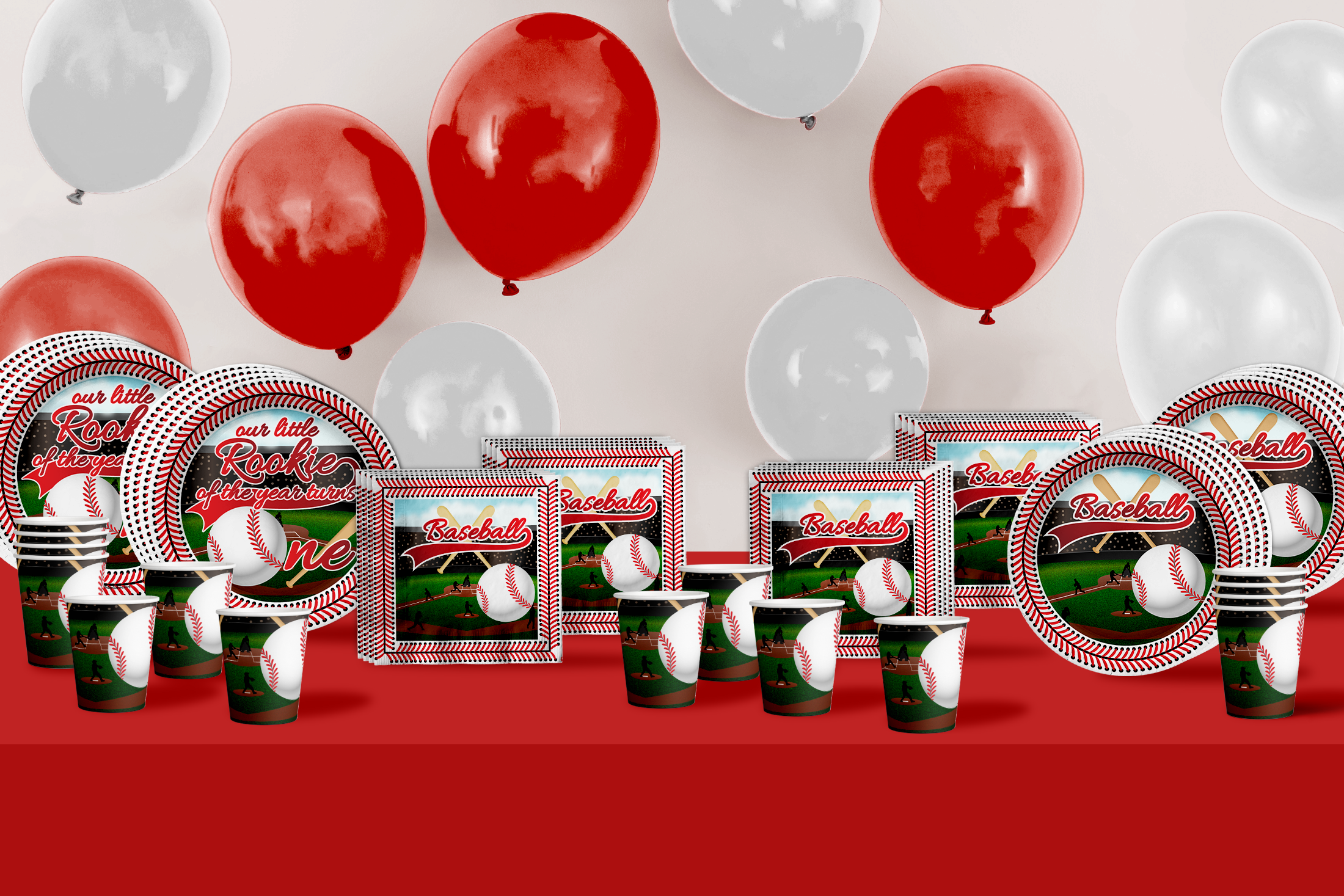 Rookie Year Baseball 1st Birthday Party Supplies 64 Piece Tableware Set Includes Large 9" Paper Plates Dessert Plates, Cups and Napkins Kit for 16