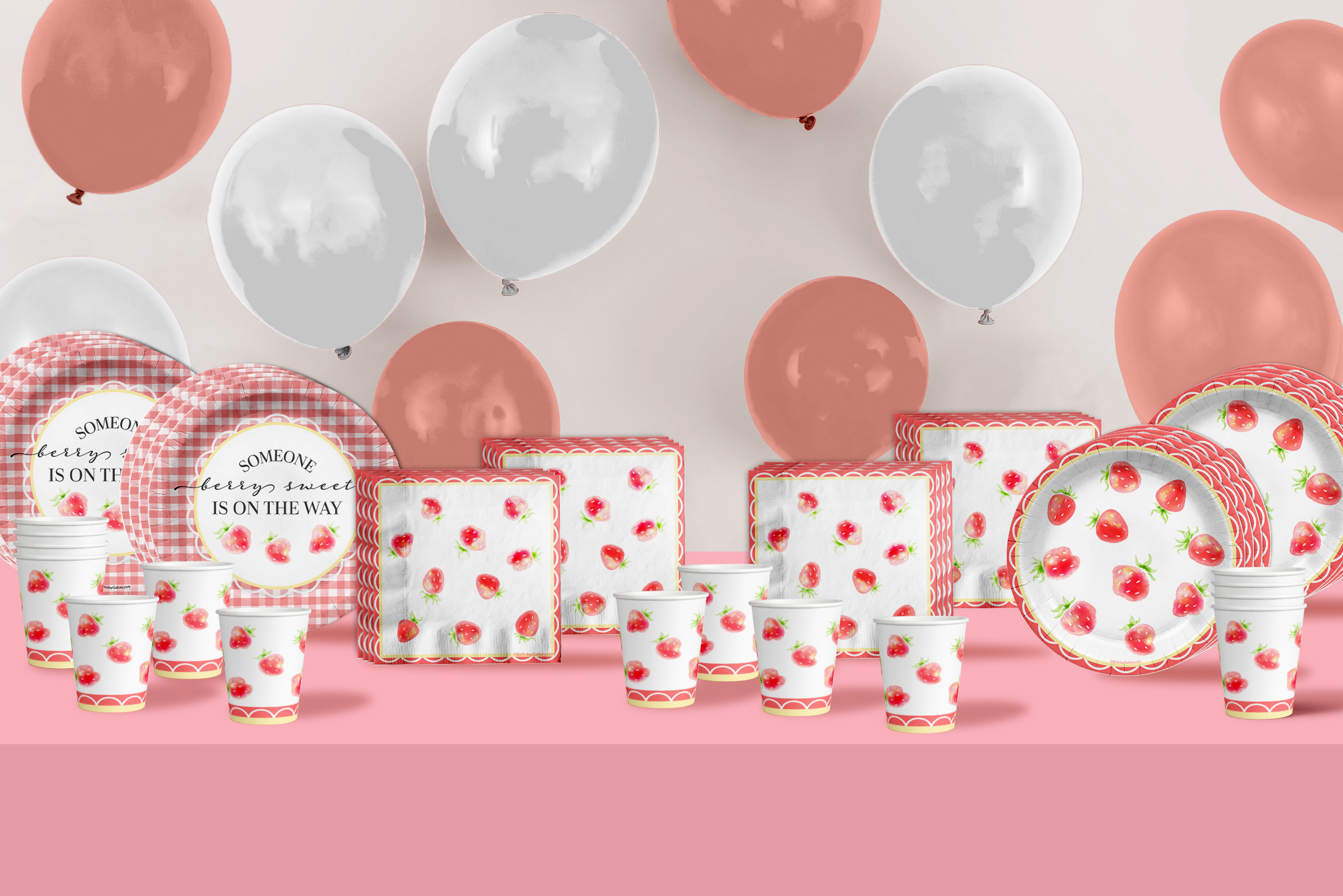 Someone Berry Sweet is on the Way Strawberry Baby Shower Party Supplies 64 Piece Tableware Set Includes Large 9" Paper Plates Dessert Plates, Cups and Napkins Kit for 16