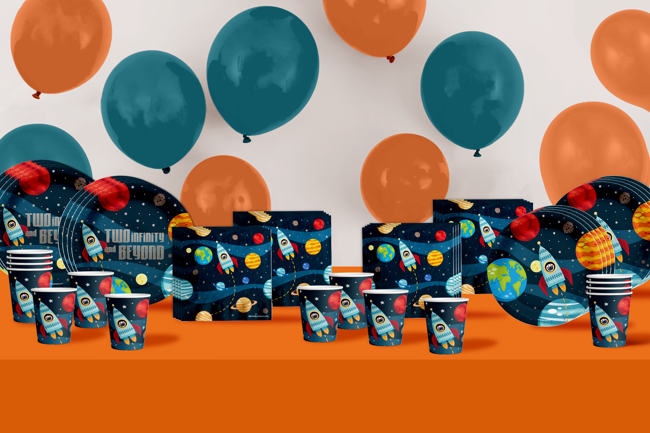Two Infinity Astronaut 2nd Birthday Party Tableware Kit For 16 Guests 64 Piece