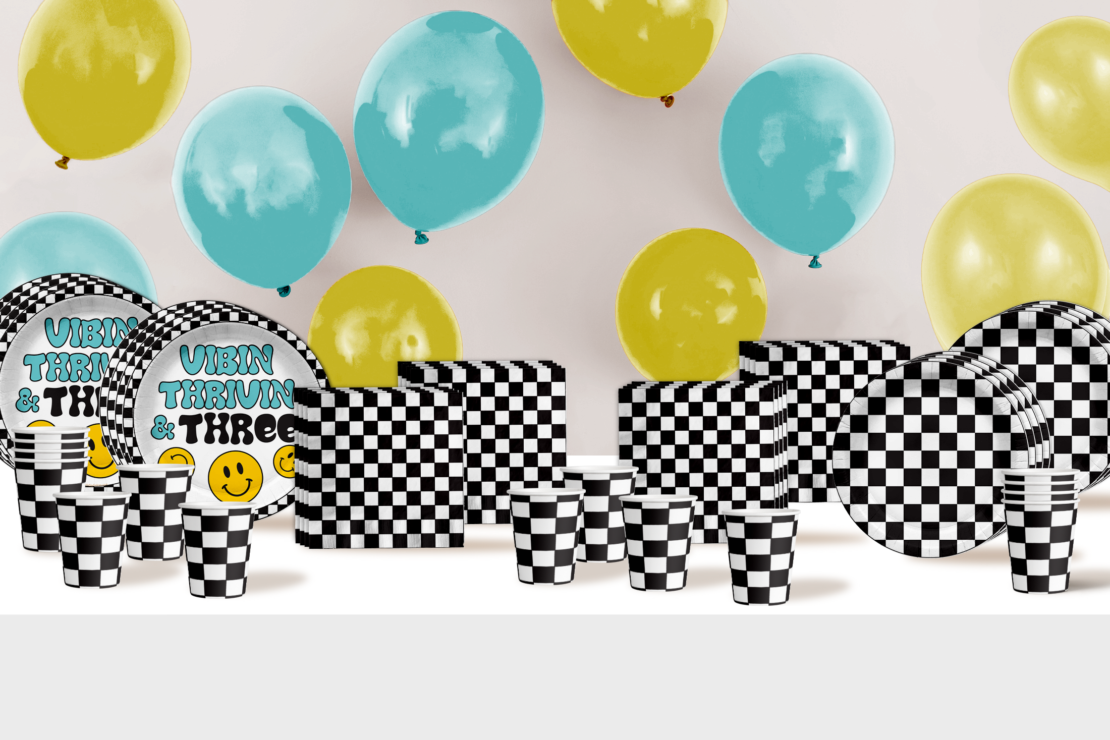 Vibin Thrivin' and Three Smiley Face 3rd Birthday Party Supplies 64 Piece Tableware Set Includes Large 9" Dinner Plate and Small Dessert Plates Cups and Napkins Tableware Kit for 16