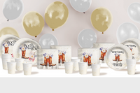 Boot or Bows Gender Reveal Party Supplies 64 Piece Tableware Set Includes Large 9" Paper Plates Dessert Plates, Cups and Napkins Kit for 16