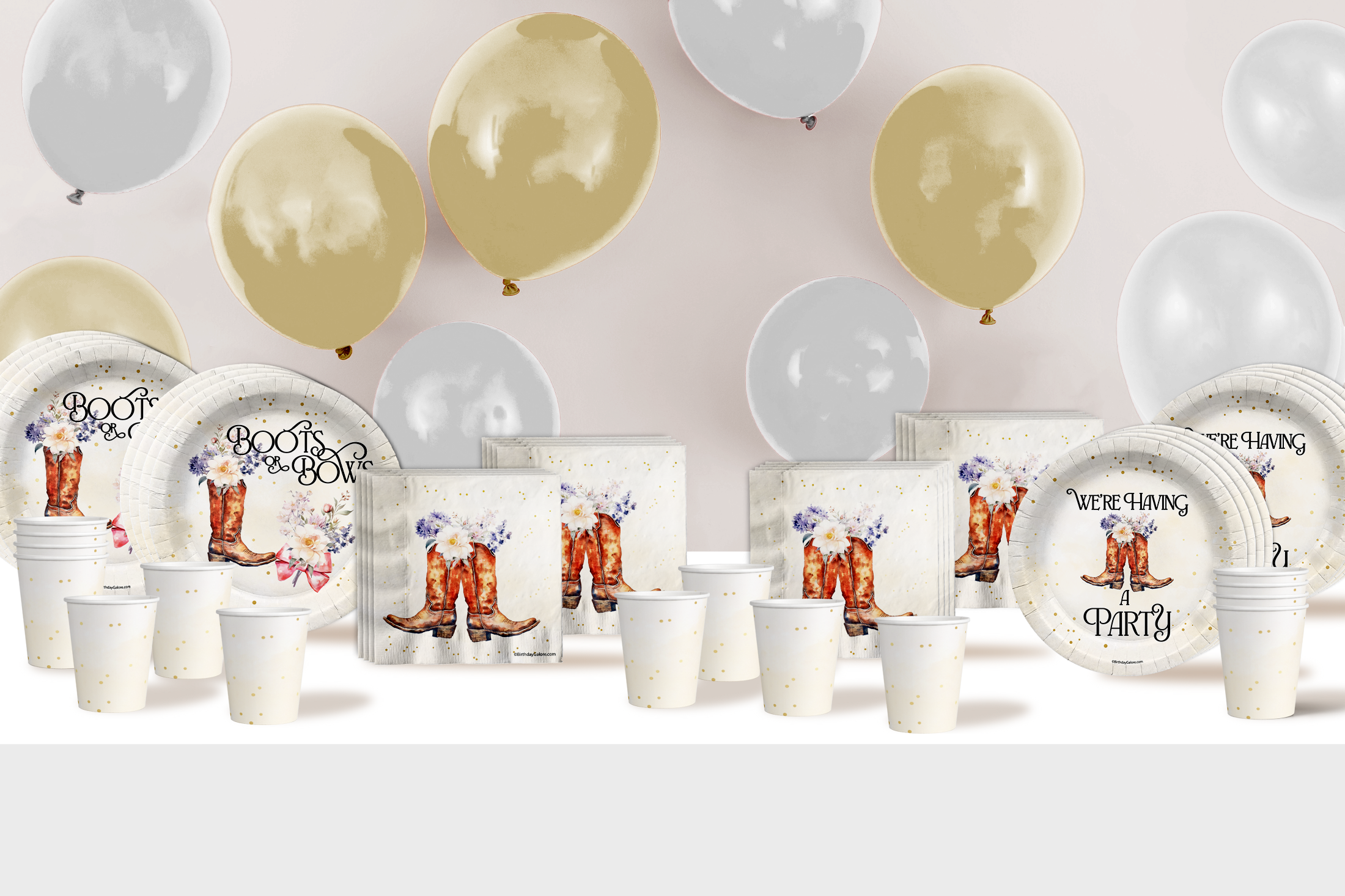 Boot or Bows Gender Reveal Party Supplies 64 Piece Tableware Set Includes Large 9" Paper Plates Dessert Plates, Cups and Napkins Kit for 16