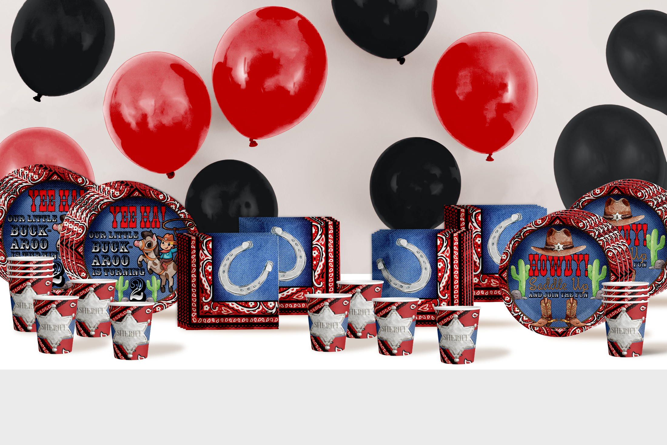 Our Little Buckaroo is Turning Two 2nd Birthday Party Supplies 64 Piece Tableware Set Includes Large 9" Paper Plates Dessert Plates, Cups and Napkins Kit for 16