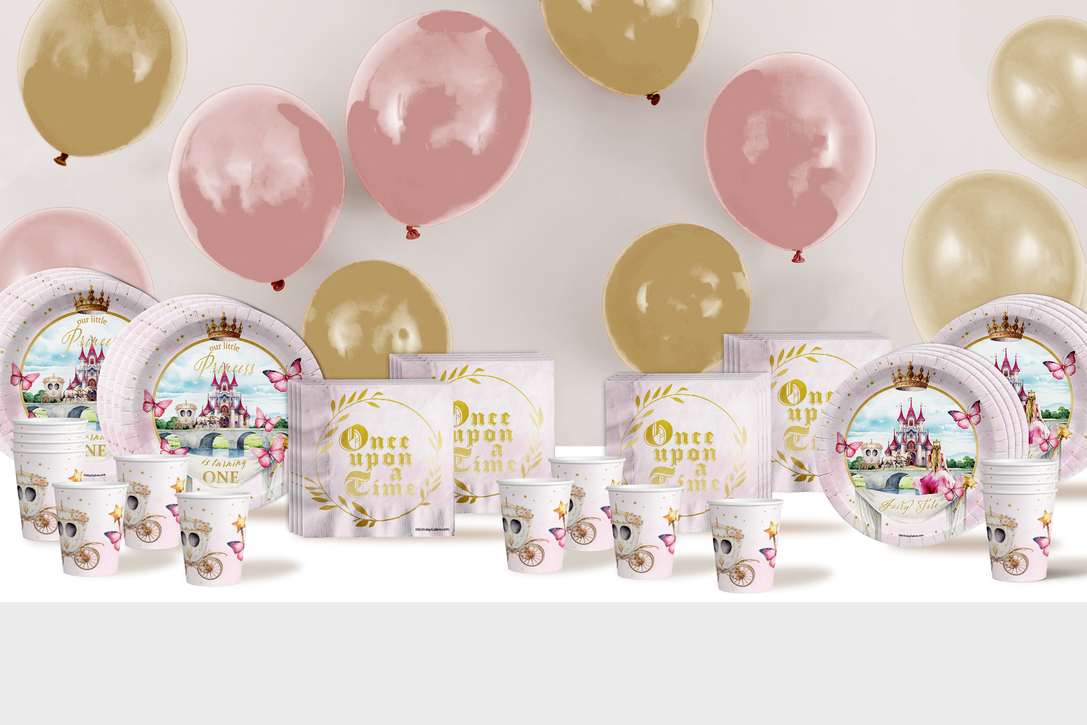 Fairytale Princess 1st Birthday Party Supplies 64 Piece Tableware Set Includes Large 9" Paper Plates Dessert Plates, Cups and Napkins Kit for 16