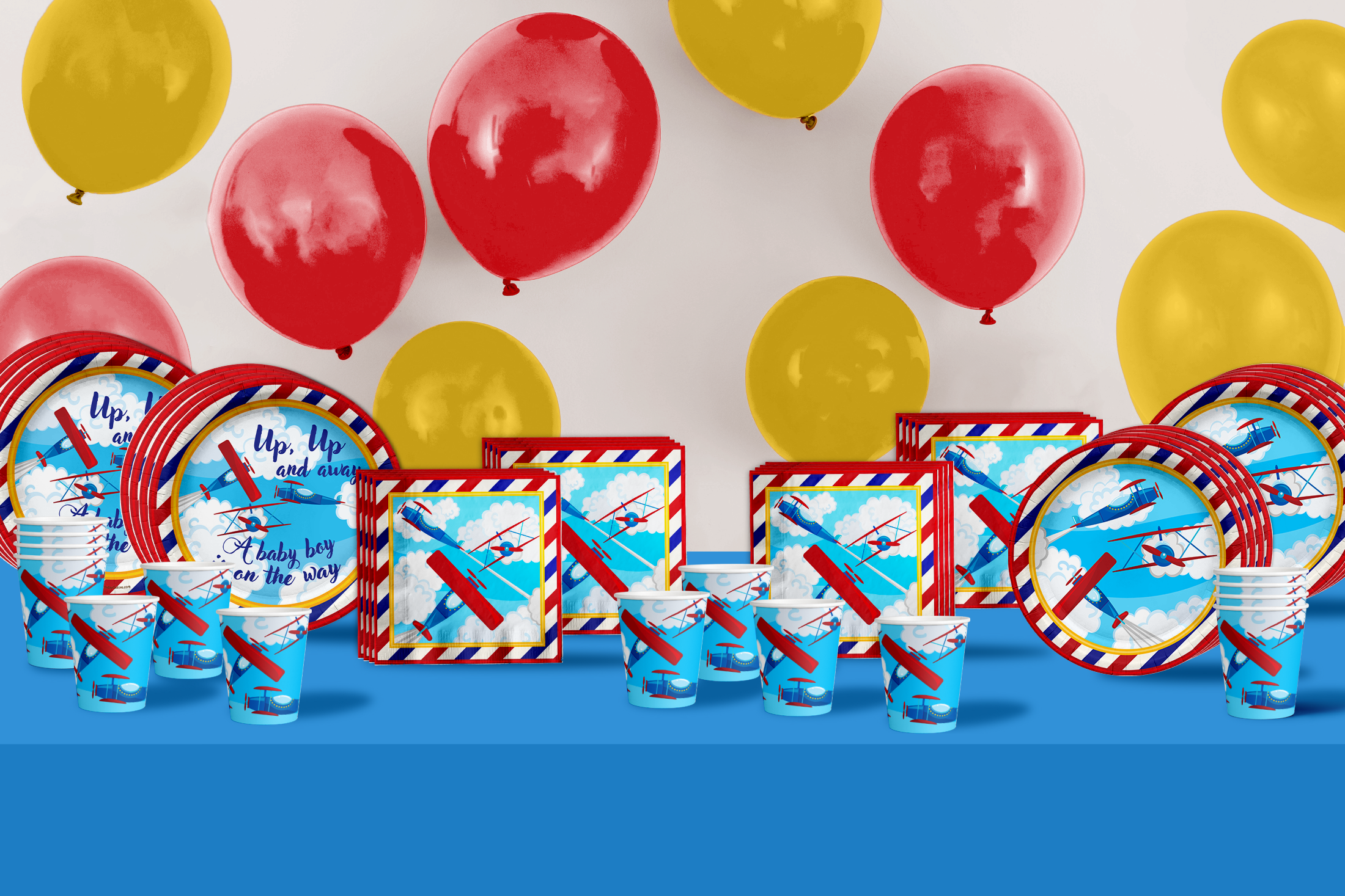 Up Up and Away Airplane Baby Shower Party Supplies 64 Piece Tableware Set Includes Large 9" Paper Plates Dessert Plates, Cups and Napkins Kit for 16