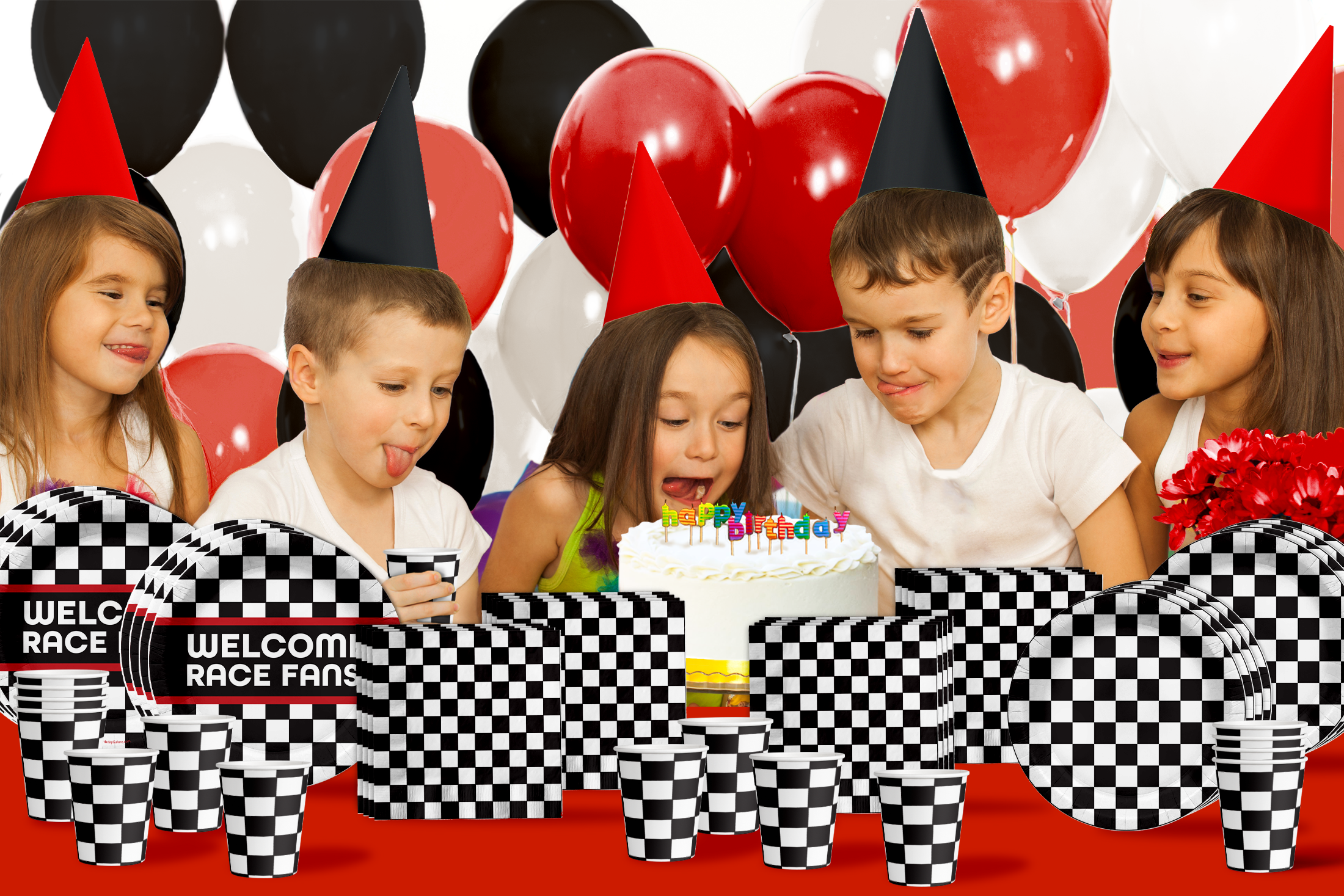 Welcome Race Fans Checkered Flag Birthday Party Tableware Kit For 16 Guests 64 Piece