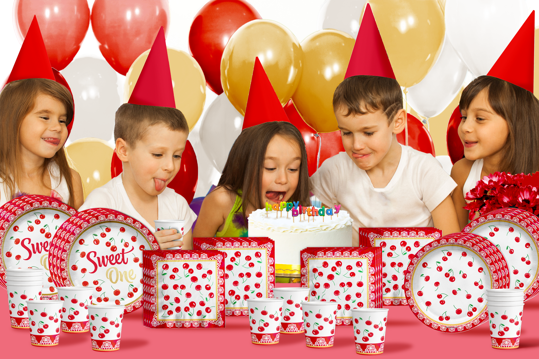 Sweet One Cherry 1st Birthday Party Tableware Kit For 16 Guests 64 Piece