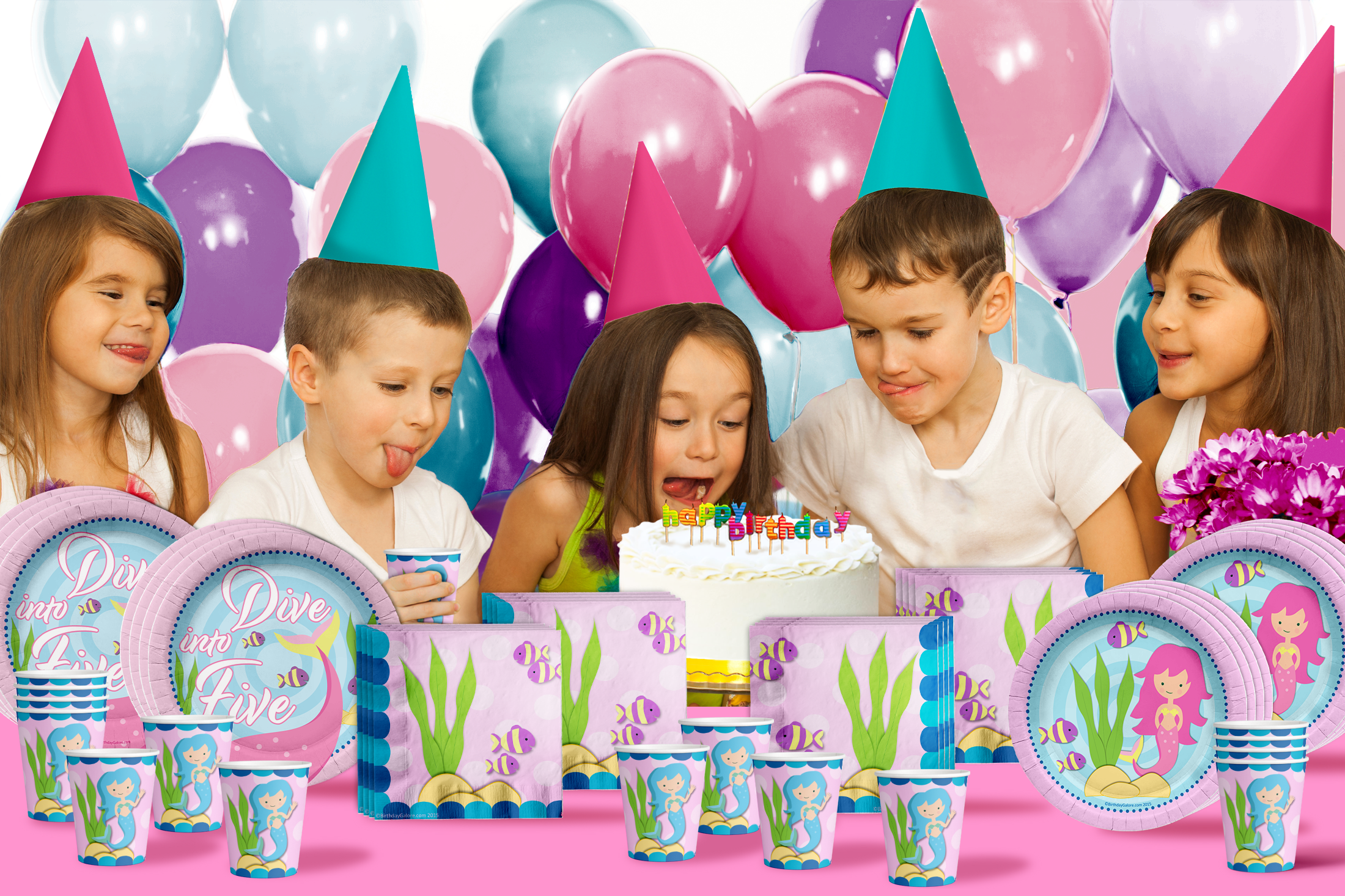 Dive into Five Mermaid 5th Birthday Party Tableware Kit For 16 Guests 64 Piece