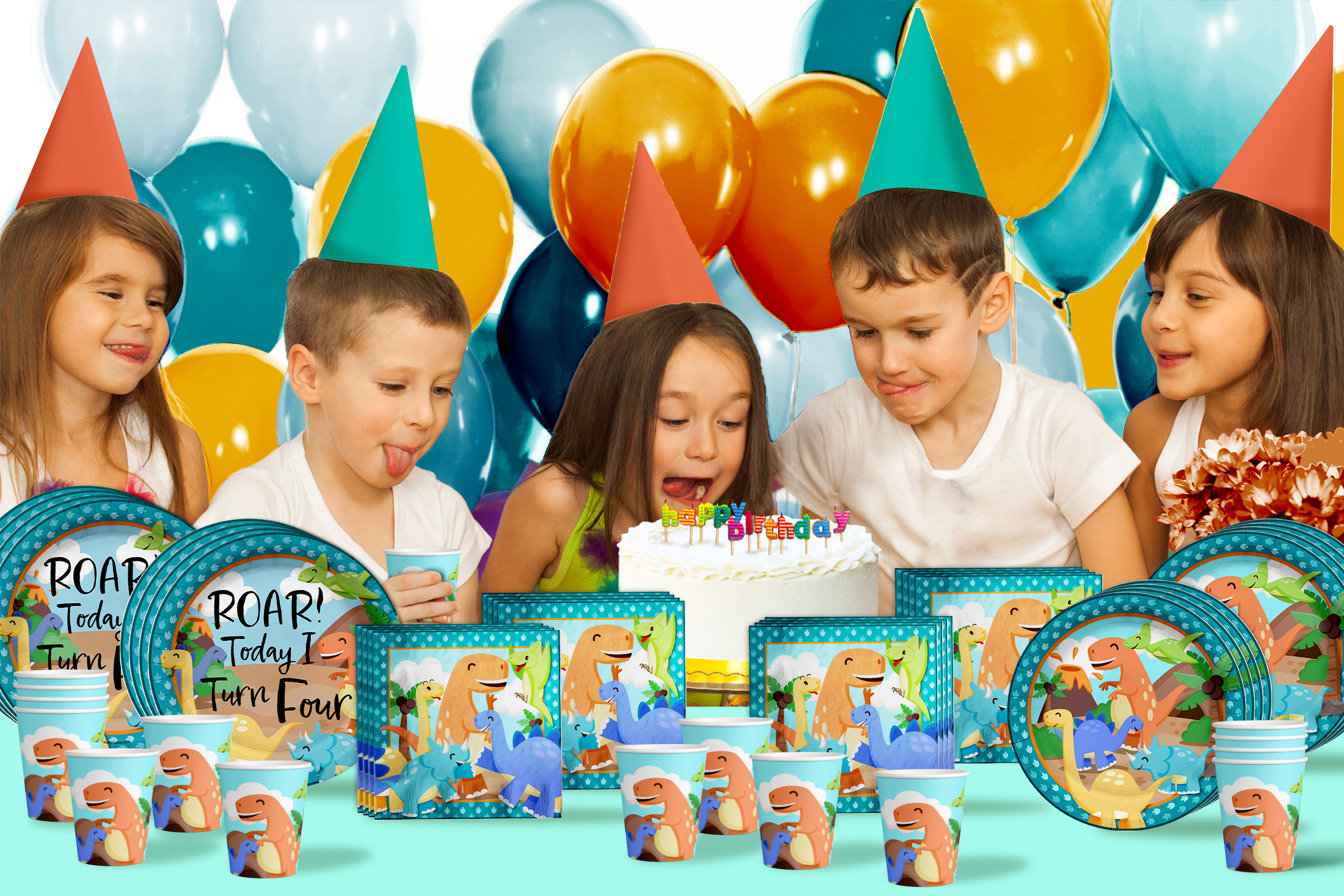 Roar I Turn Four 4th Birthday Party Tableware Kit For 16 Guests 64 Piece