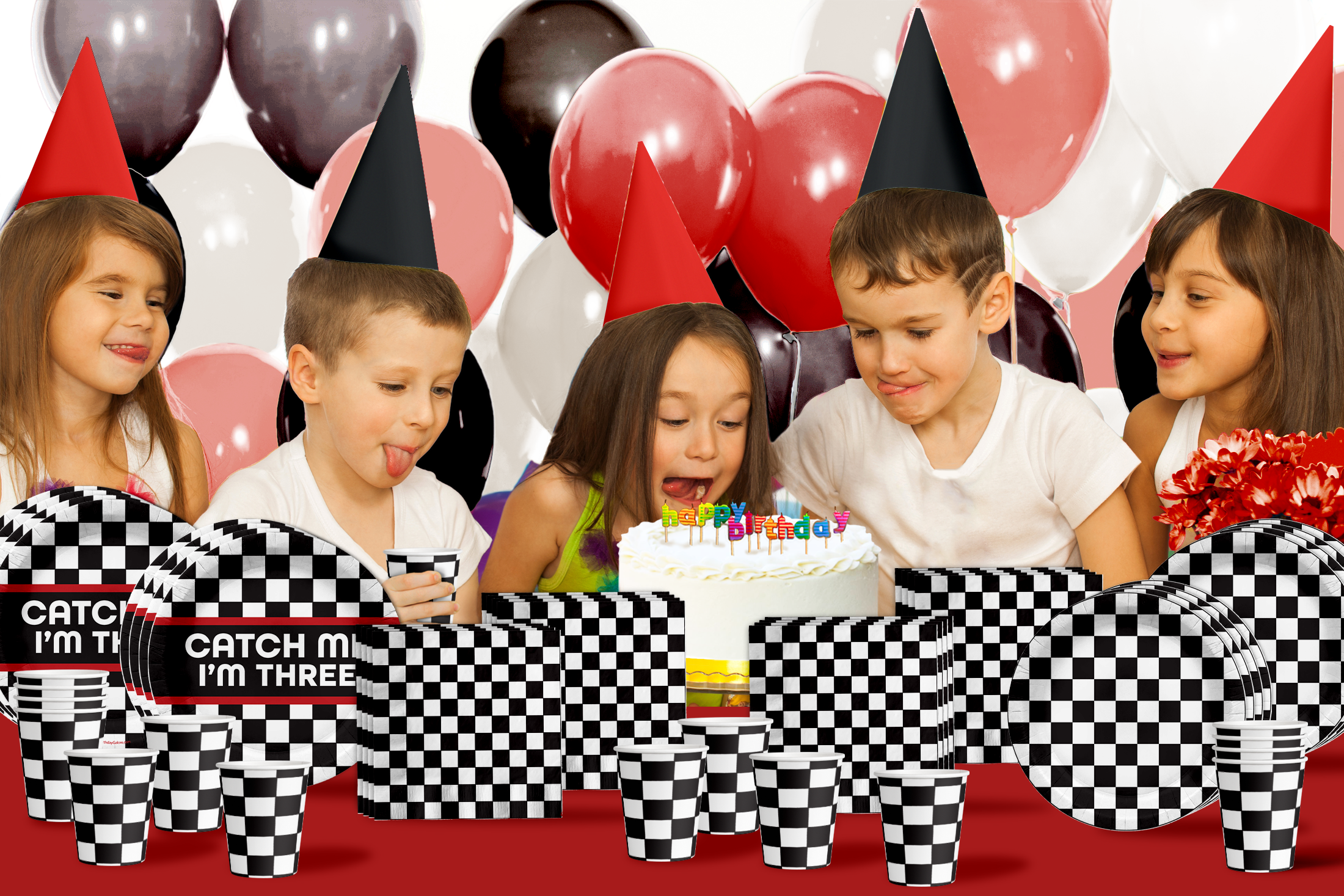 Catch Me I'm Three Checkered Flag Racing 3rd Birthday Party Supplies 64 Piece Tableware Set Includes Large 9" Paper Plates Dessert Plates, Cups and Napkins Kit for 16