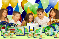 Three Rex Dinosaur Boy's 3rd Birthday Party Tableware Kit For 16 Guests 64 Piece
