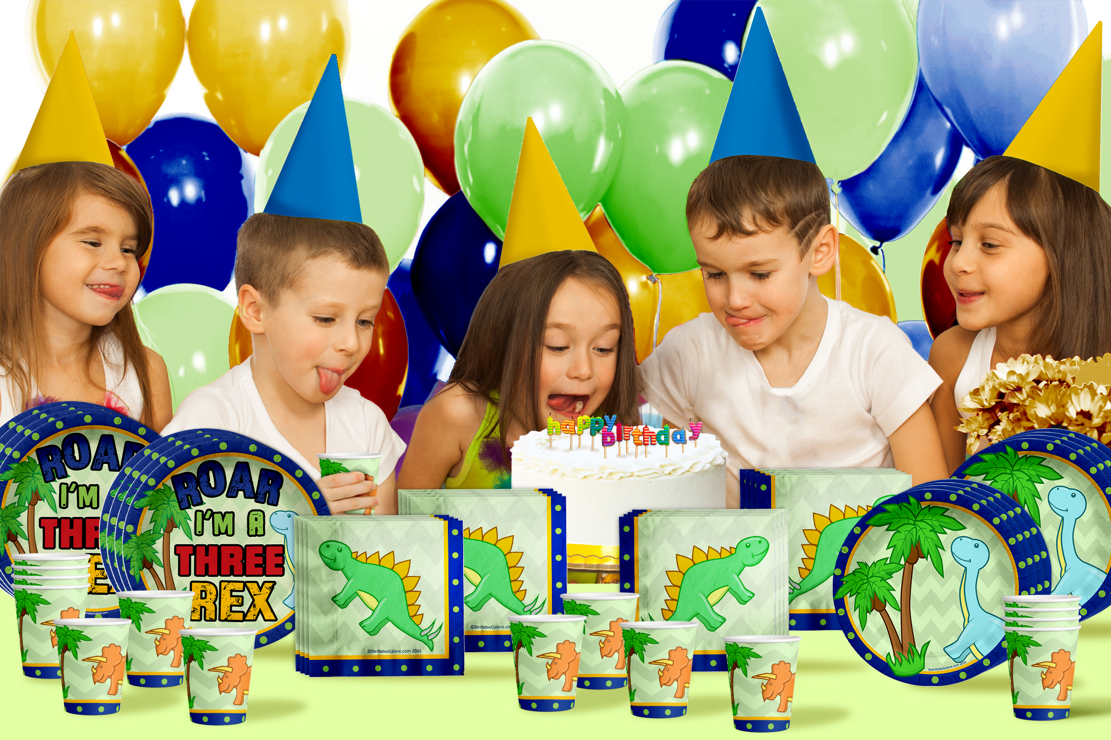 Three Rex Dinosaur Boy's 3rd Birthday Party Tableware Kit For 16 Guests 64 Piece