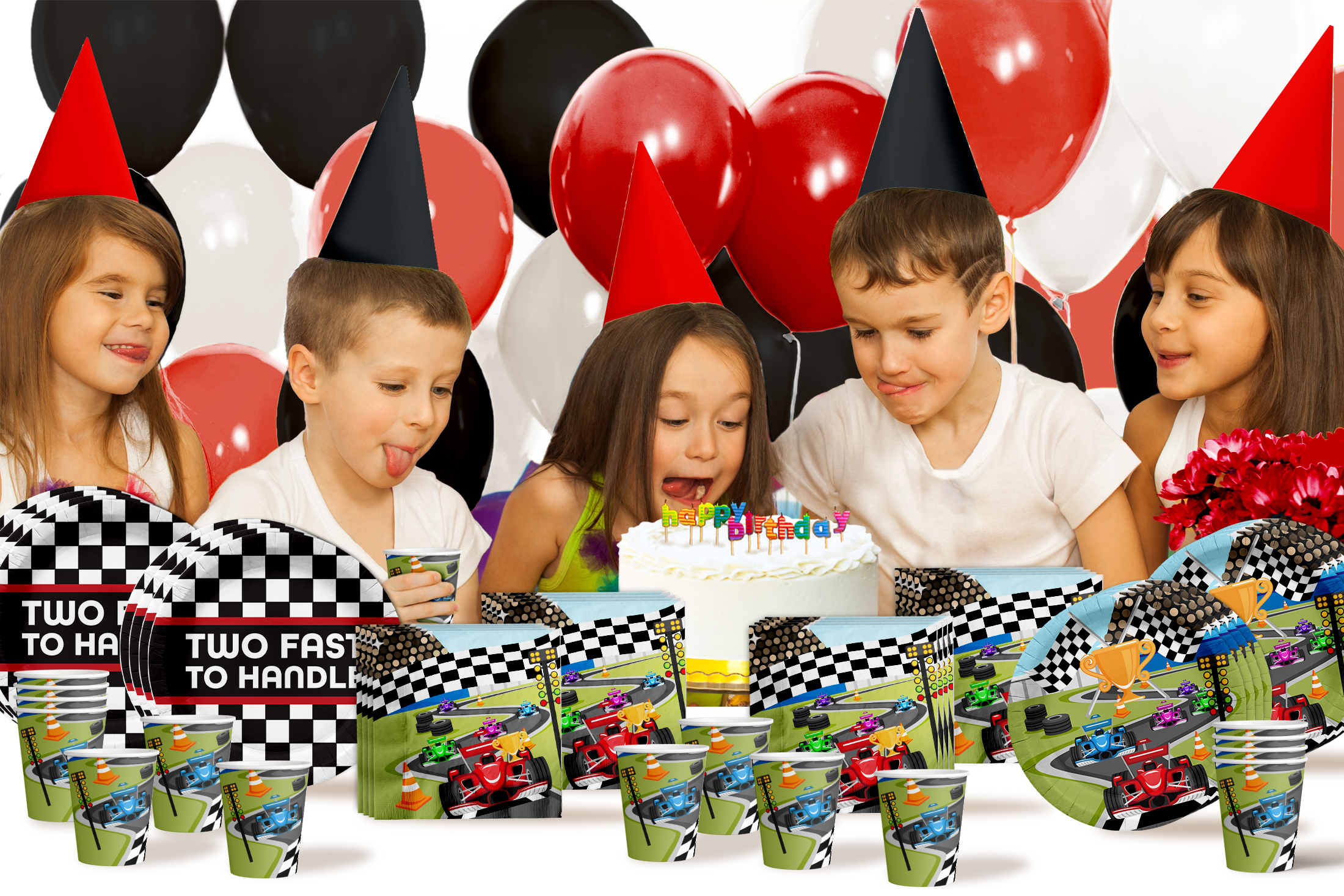 Two Fast Too Handle Race Car 2nd Birthday Party Tableware Kit For 16 Guests 64 Piece