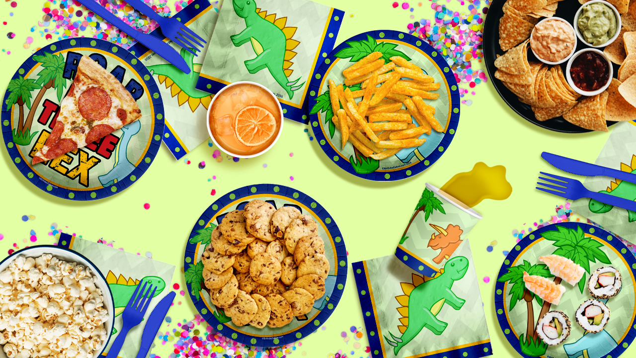 Three Rex Dinosaur Boy's 3rd Birthday Party Tableware Kit For 16 Guests 64 Piece