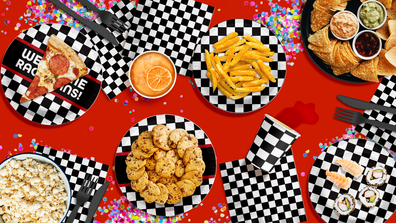 Welcome Race Fans Checkered Flag Birthday Party Tableware Kit For 16 Guests 64 Piece