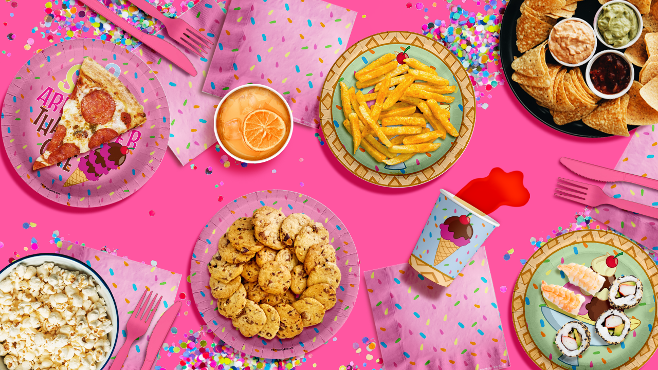 Girls 3rd Birthday Party Supplies - Three Scoops Ice Cream Birthday Paper Plates - 64 Piece Tableware Set Includes Large 9" Paper Plates Dessert Plates, Cups and Napkins Kit for 16
