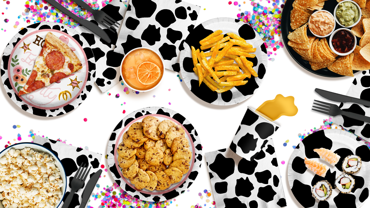 Howdy Y'all It's A Party Cow Print Birthday Party Tableware Kit For 16 Guests 64 Piece