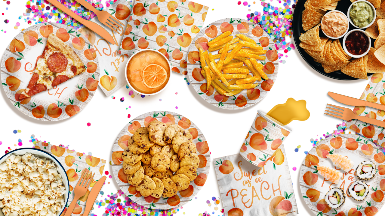 One Sweet Peach 1st Birthday Party Supplies 64 Piece Tableware Set Includes Large 9" Paper Plates Dessert Plates, Cups and Napkins Kit for 16