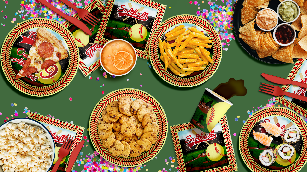 Softball 9th Birthday Party Supplies 64 Piece Tableware Set Includes Large 9" Paper Plates Dessert Plates, Cups and Napkins Kit for 16