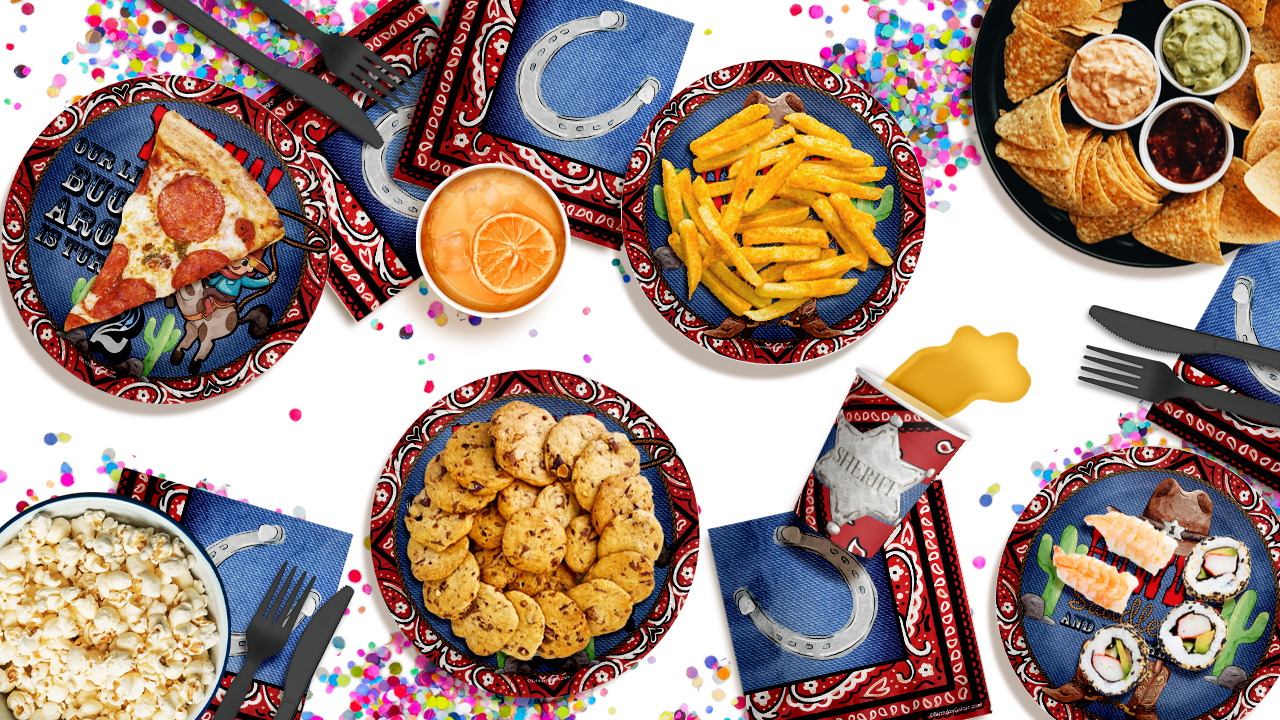 Our Little Buckaroo is Turning Two 2nd Birthday Party Supplies 64 Piece Tableware Set Includes Large 9" Paper Plates Dessert Plates, Cups and Napkins Kit for 16