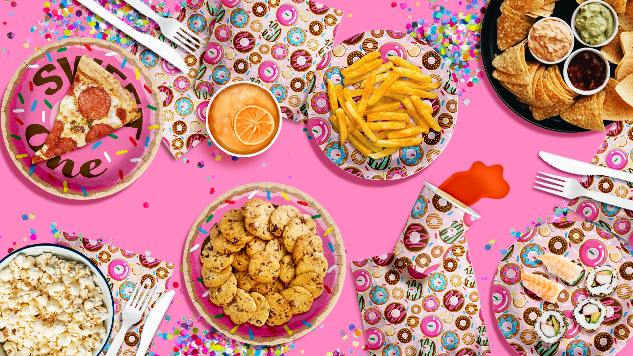 Girls 1st Birthday Party Supplies - Sweet One Donut Birthday Paper Plates - 64 Piece Tableware Set Includes Large 9" Paper Plates Dessert Plates, Cups and Napkins Kit for 16