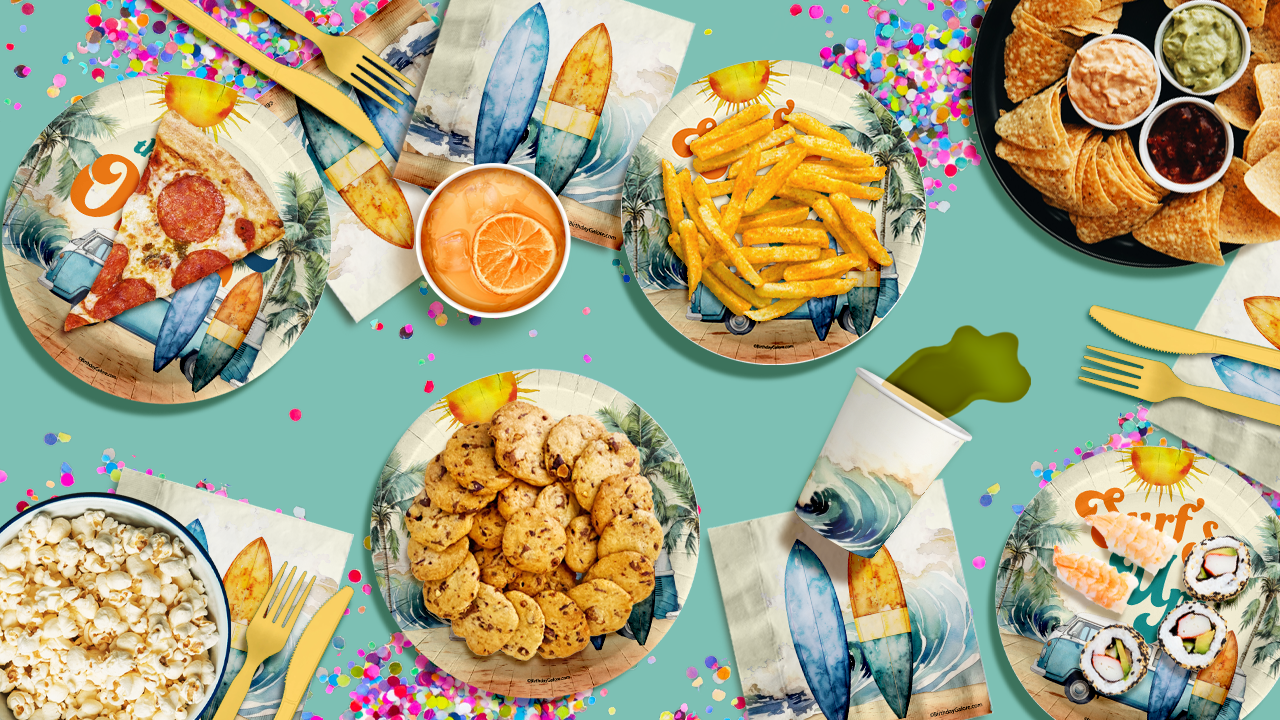 The Big One Surfing 1st Birthday Party Supplies 64 Piece Tableware Set Includes Large 9" Paper Plates Dessert Plates, Cups and Napkins Kit for 16