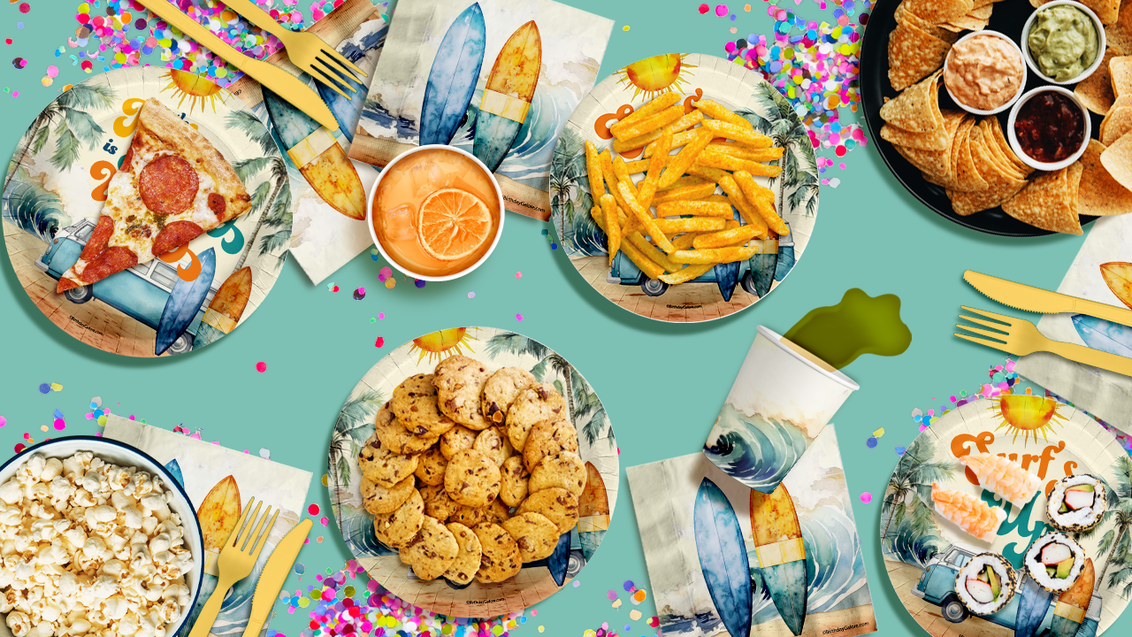 Little Dude Making Waves Surfing Baby Shower Party Supplies 64 Piece Tableware Set Includes Large 9" Paper Plates Dessert Plates, Cups and Napkins Kit for 16