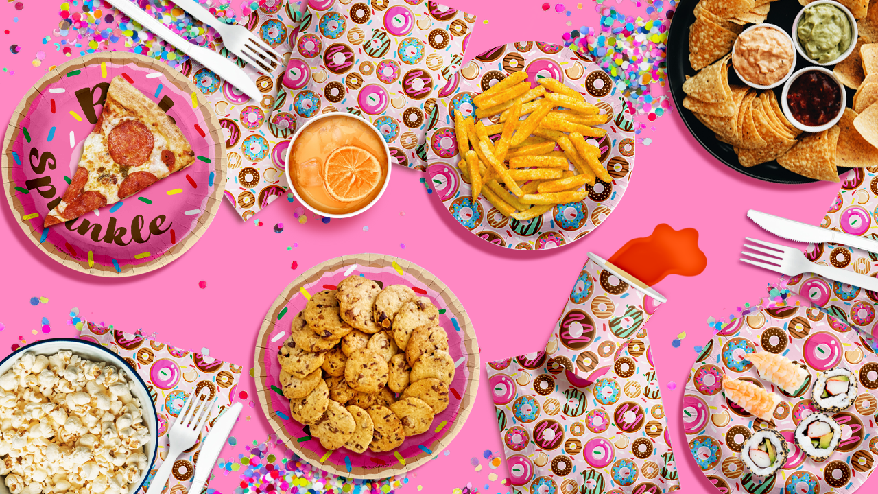 Donut Baby Sprinkles Baby Shower Party Supplies 64 Piece Tableware Set Includes Large 9" Paper Plates Dessert Plates, Cups and Napkins Kit for 16