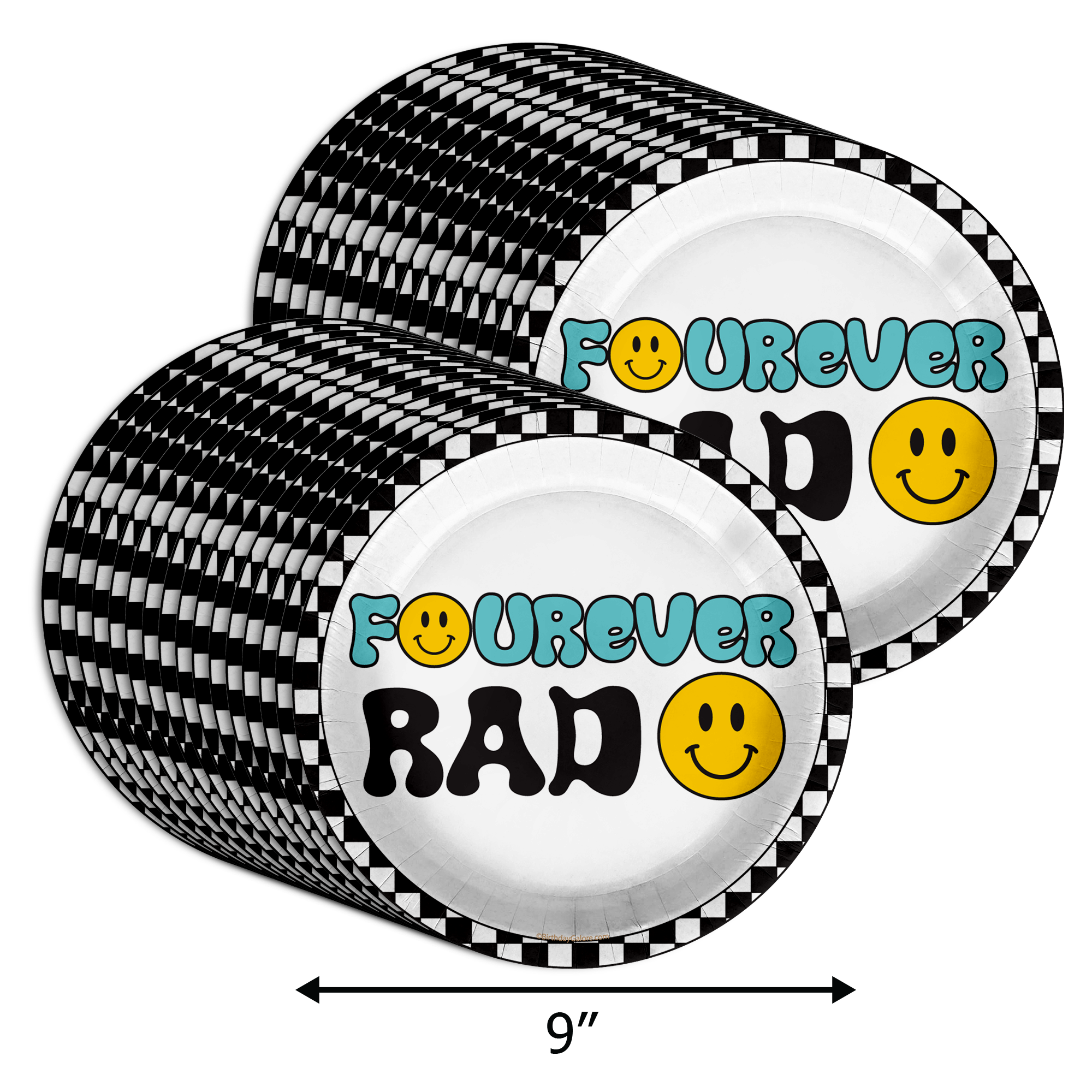 Fourever Rad Smiley Face 4th Birthday Party Supplies Large 9" Paper Plates in Bulk 32 Piece