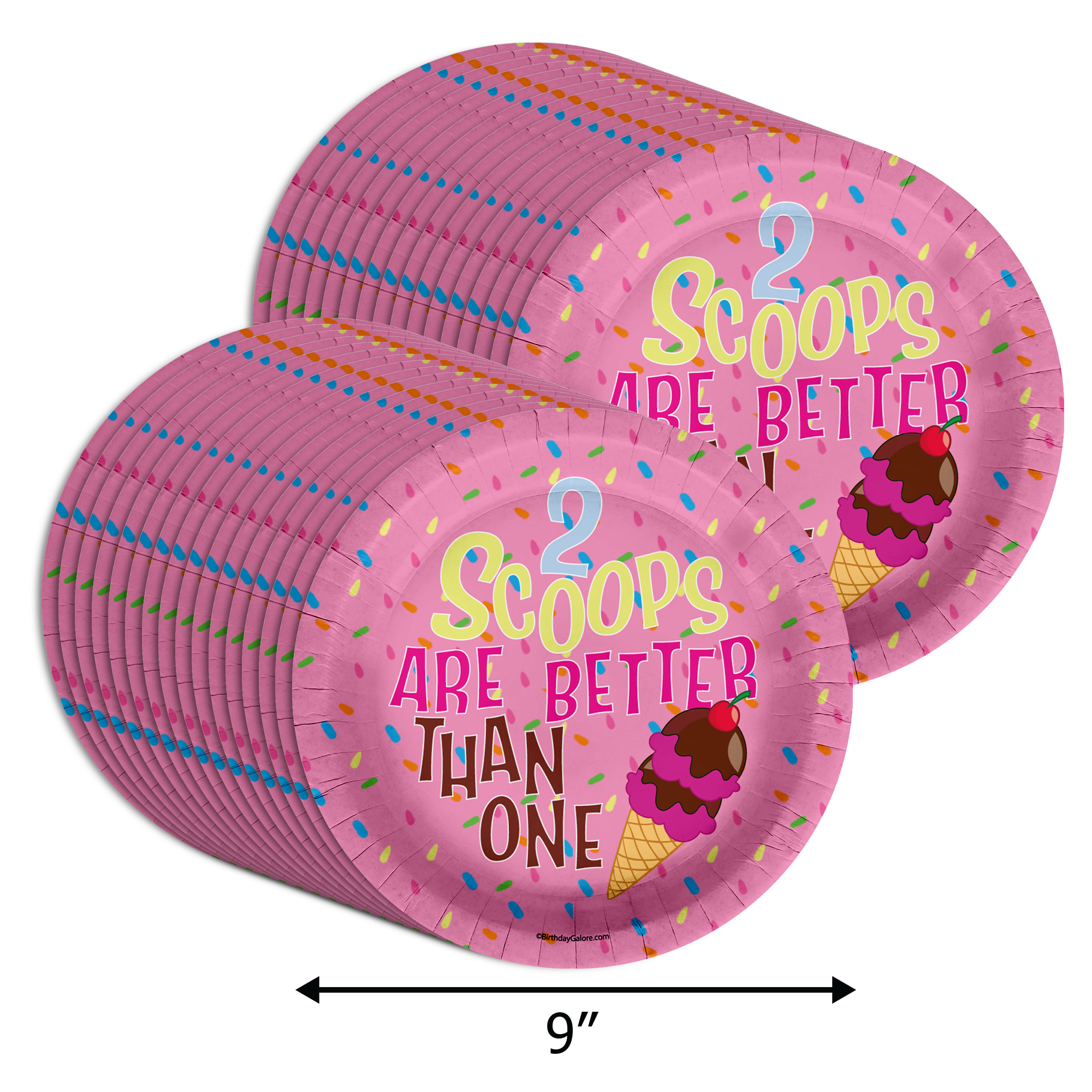 Girls 2nd Birthday Party Supplies - 2 Scoops Ice Cream Birthday Paper Plates - Large 9" Paper Plates in Bulk 32 Piece