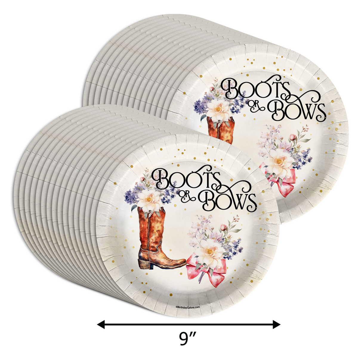 Boots or Bows Gender Reveal Party Supplies Large 9" Paper Plates in Bulk 32 Piece