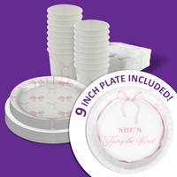 She's Tying The Knot Pink Bows Bridal Shower Party Supplies 64 Piece Tableware Set Includes Large 9" Paper Plates Dessert Plates, Cups and Napkins Kit for 16