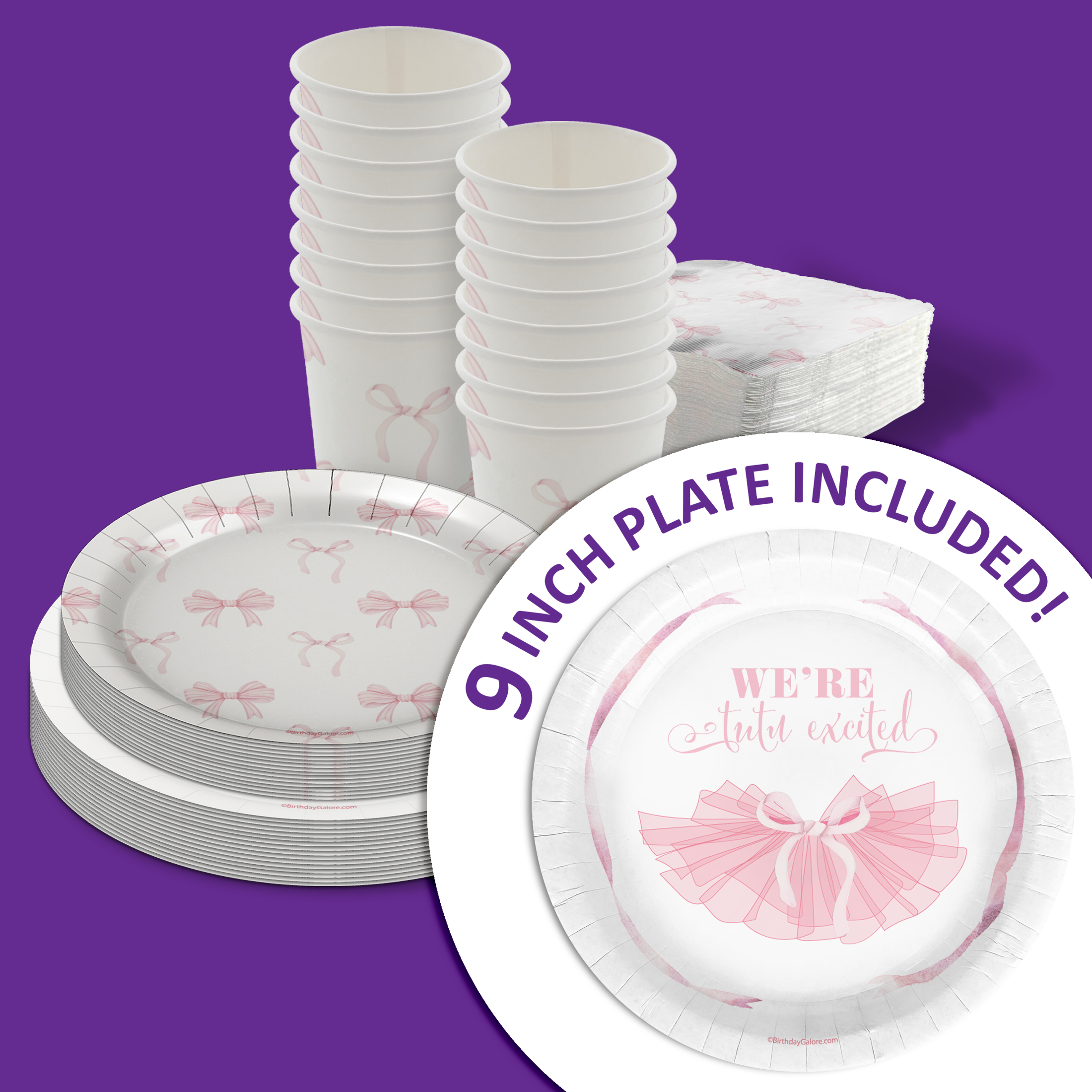We're Tutu Excited Pink Bows Baby Shower Party Supplies 64 Piece Tableware Set Includes Large 9" Paper Plates Dessert Plates, Cups and Napkins Kit for 16