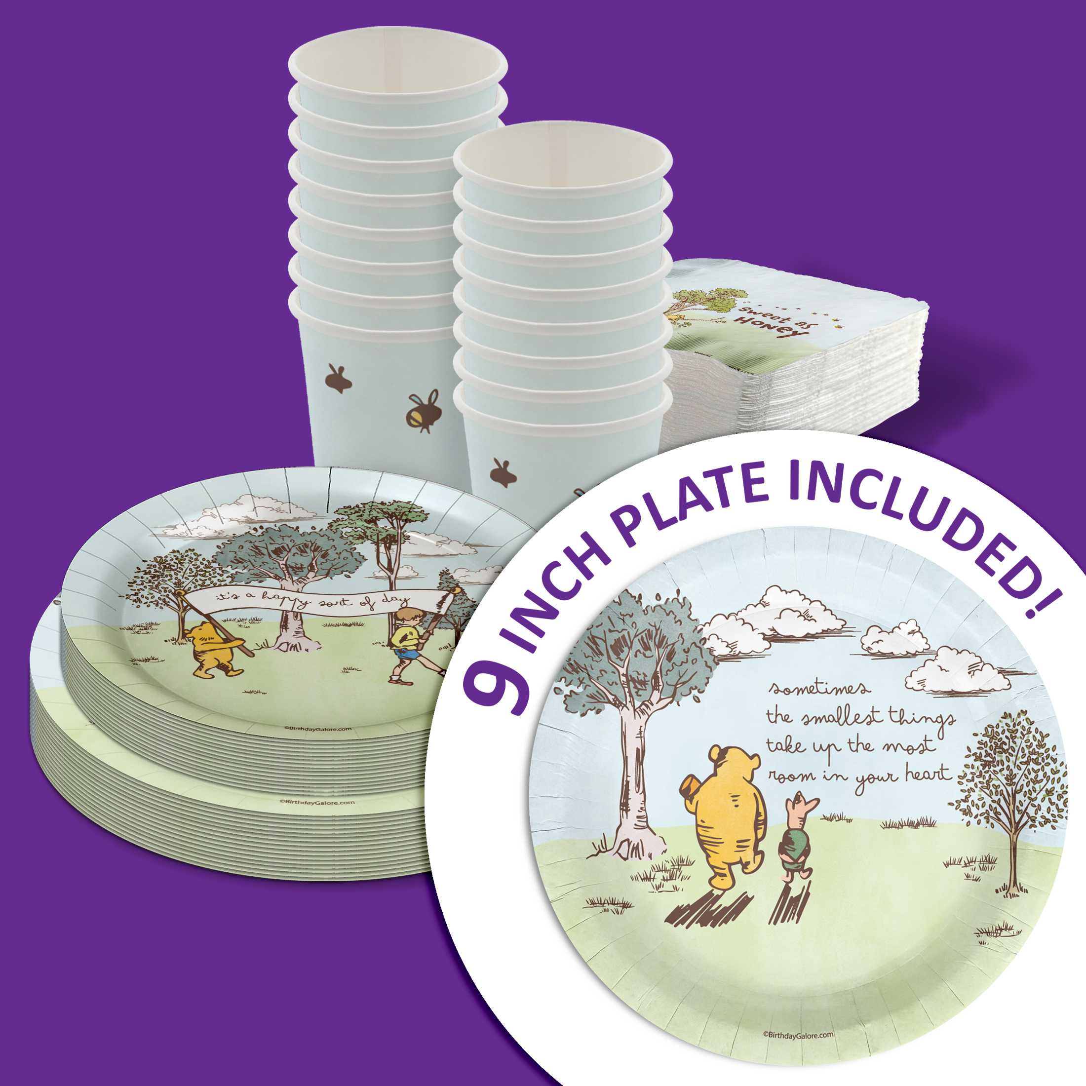 Winnie the Pooh Baby Shower Party Supplies 64 Piece Tableware Set Includes Large 9" Paper Plates Dessert Plates, Cups and Napkins Kit for 16
