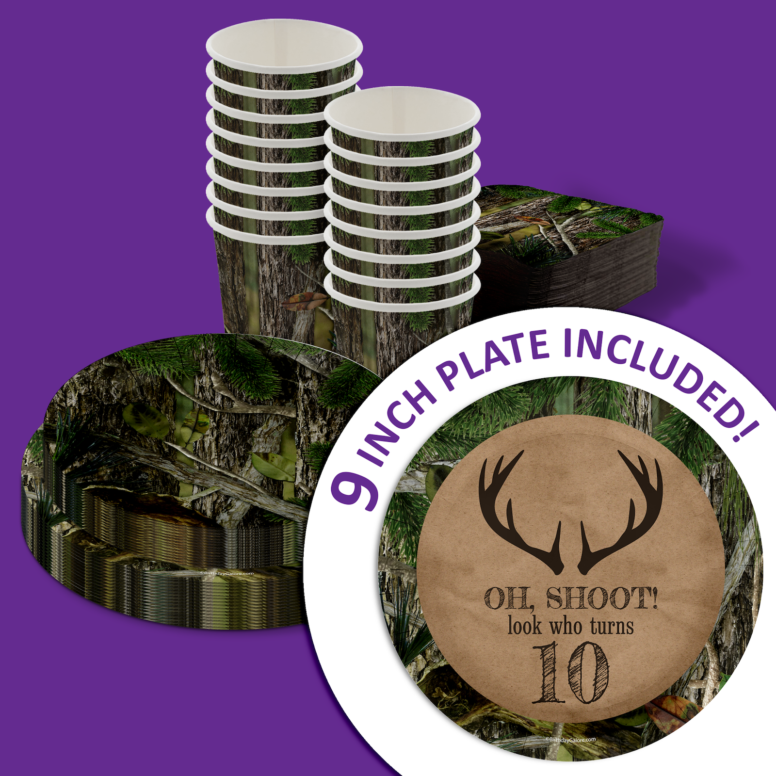 Deer Hunting 10th Birthday Party Supplies 64 Piece Tableware Set Includes Large 9" Paper Plates Dessert Plates, Cups and Napkins Kit for 16