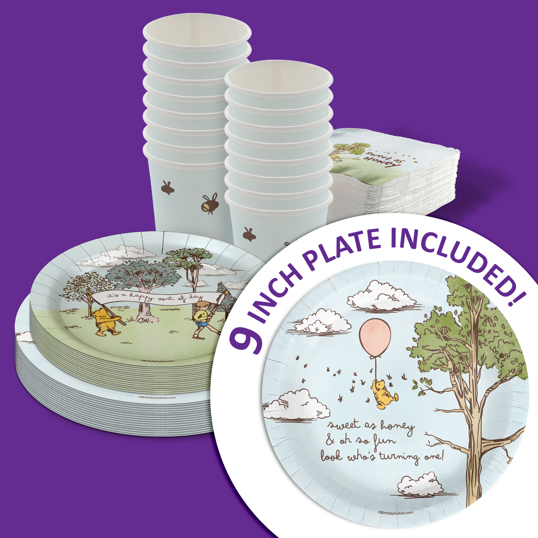 Winnie the Pooh 1st Birthday Paper Plates - 64 Piece Tableware Set Includes Large 9" Paper Plates Dessert Plates, Cups and Napkins Kit for 16