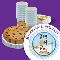 Boy oh Boy Milk and Cookies Baby Shower Party Supplies 64 Piece Tableware Set Includes Large 9" Paper Plates Dessert Plates, Cups and Napkins Kit for 16