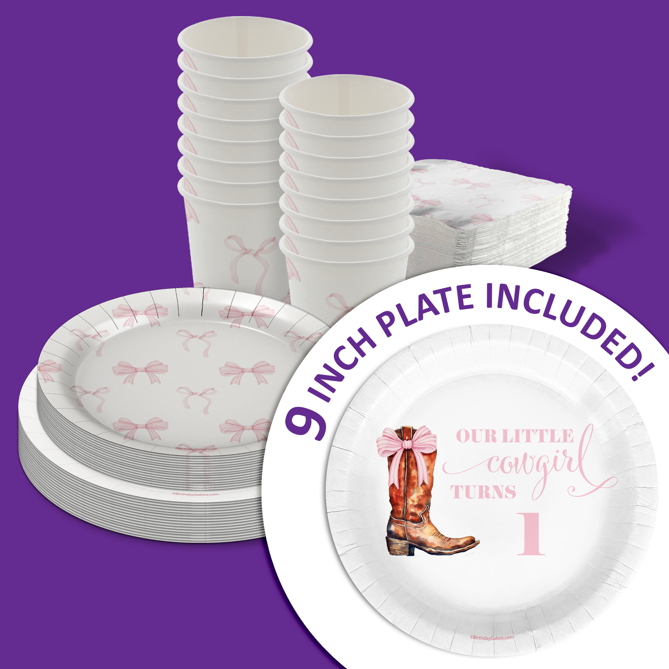 Pink Bows Western Cowgirl 1st Birthday Paper Plates - 64 Piece Tableware Set Includes Large 9" Paper Plates Dessert Plates, Cups and Napkins Kit for 16