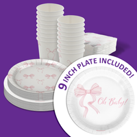 Ohh Baby Pink Bows Baby Shower Party Supplies 64 Piece Tableware Set Includes Large 9" Paper Plates Dessert Plates, Cups and Napkins Kit for 16