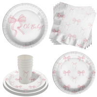 Ohh Baby Pink Bows Baby Shower Party Supplies 64 Piece Tableware Set Includes Large 9" Paper Plates Dessert Plates, Cups and Napkins Kit for 16