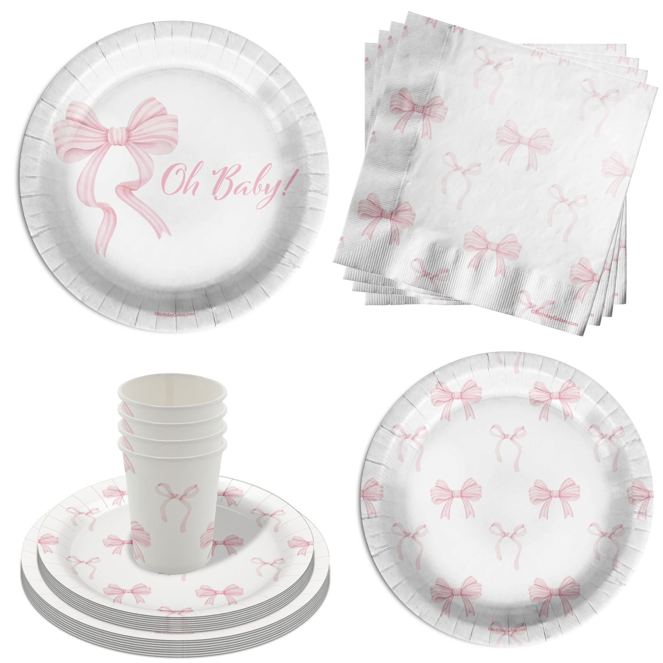 Ohh Baby Pink Bows Baby Shower Party Supplies 64 Piece Tableware Set Includes Large 9" Paper Plates Dessert Plates, Cups and Napkins Kit for 16