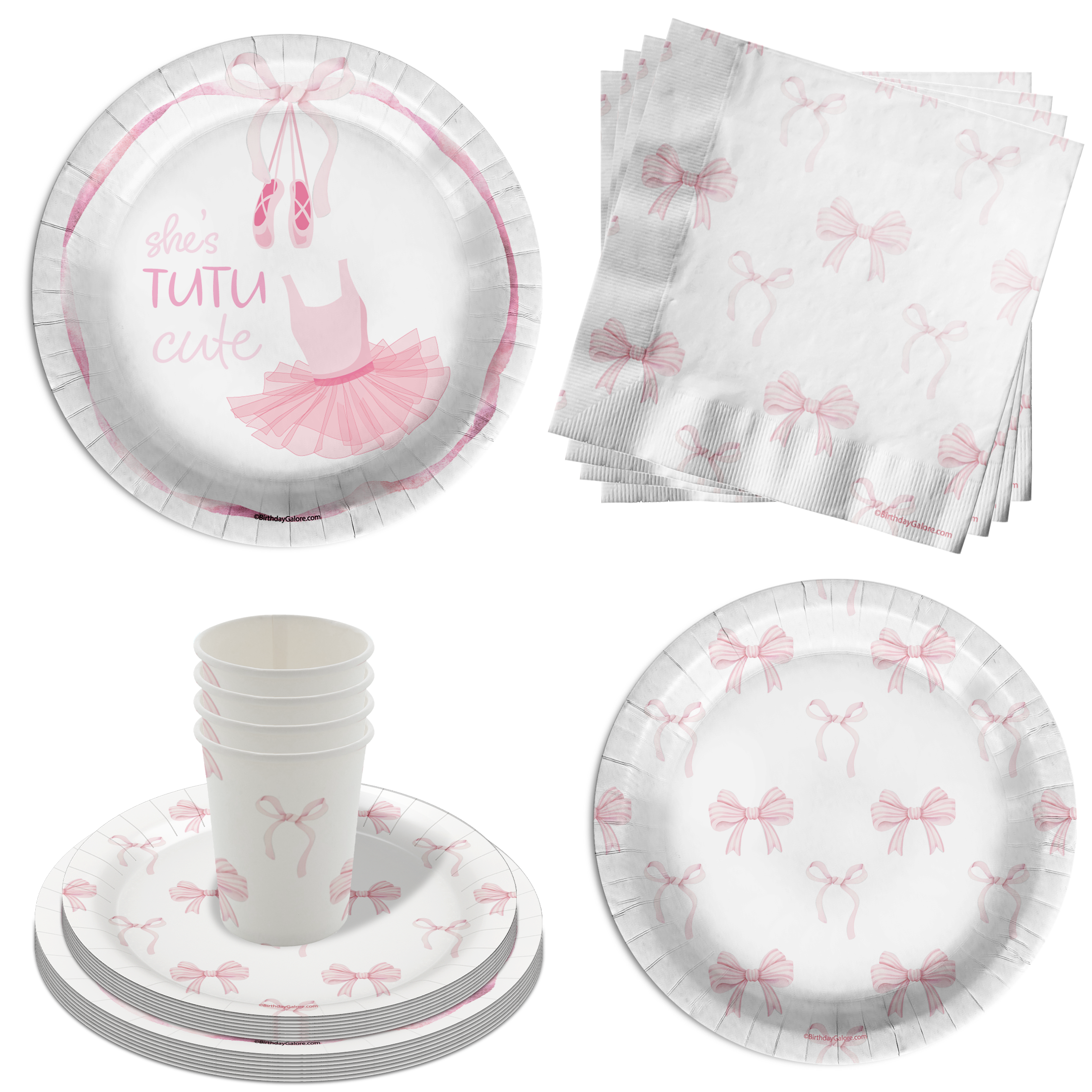 She's Tutu Cute Pink Bows 2nd Birthday Party Tableware Kit For 16 Guests 64 Piece